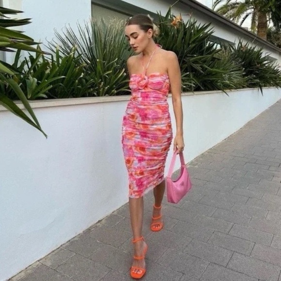 Zara Blogger Favorite Printed Tulle Floral Halter Sheer Dress, Pink Orange sz L - Picture 4 of 10